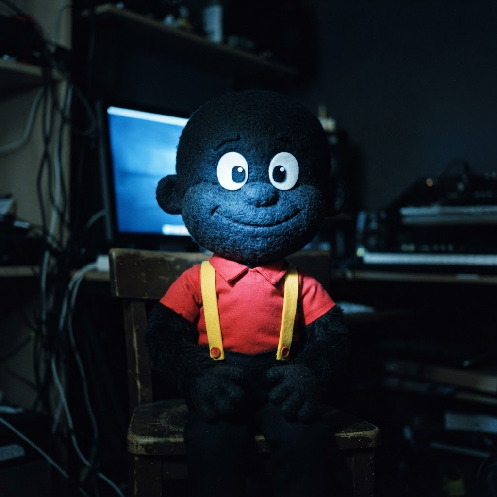 The black toad puppet sitting in a dark room lit by a glowing blue monitor