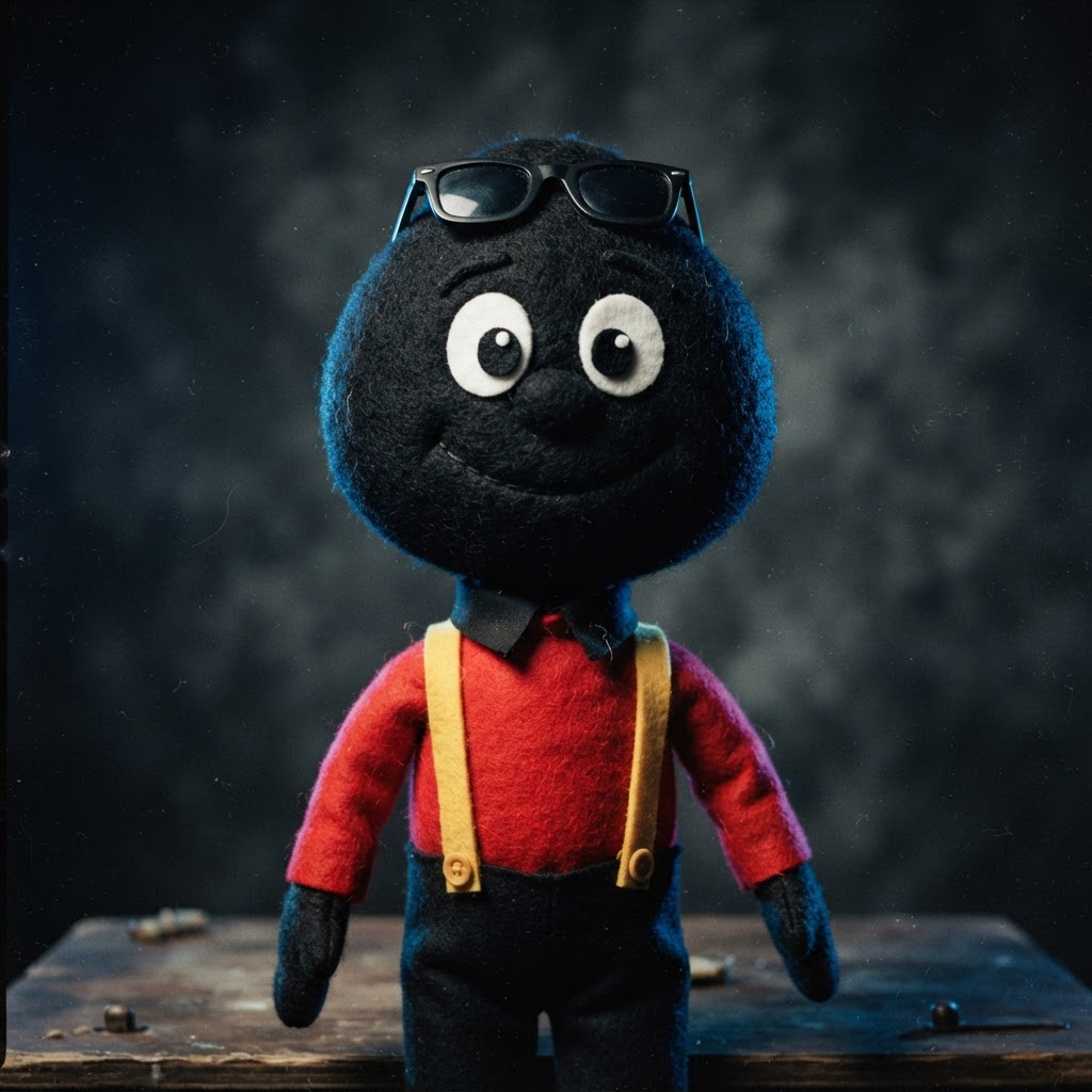 The black toad puppet with tiny sunglasses pushed up on his head