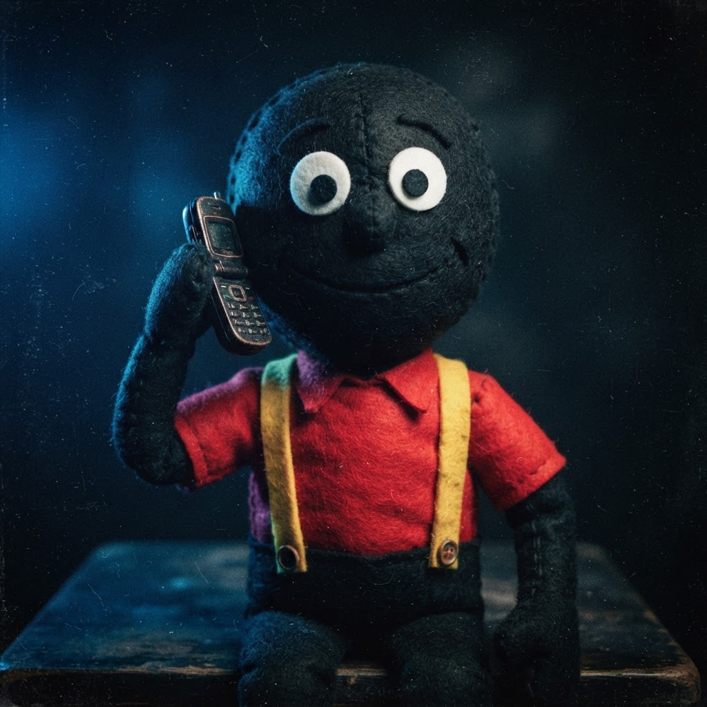 The black toad puppet holding a tiny flip phone