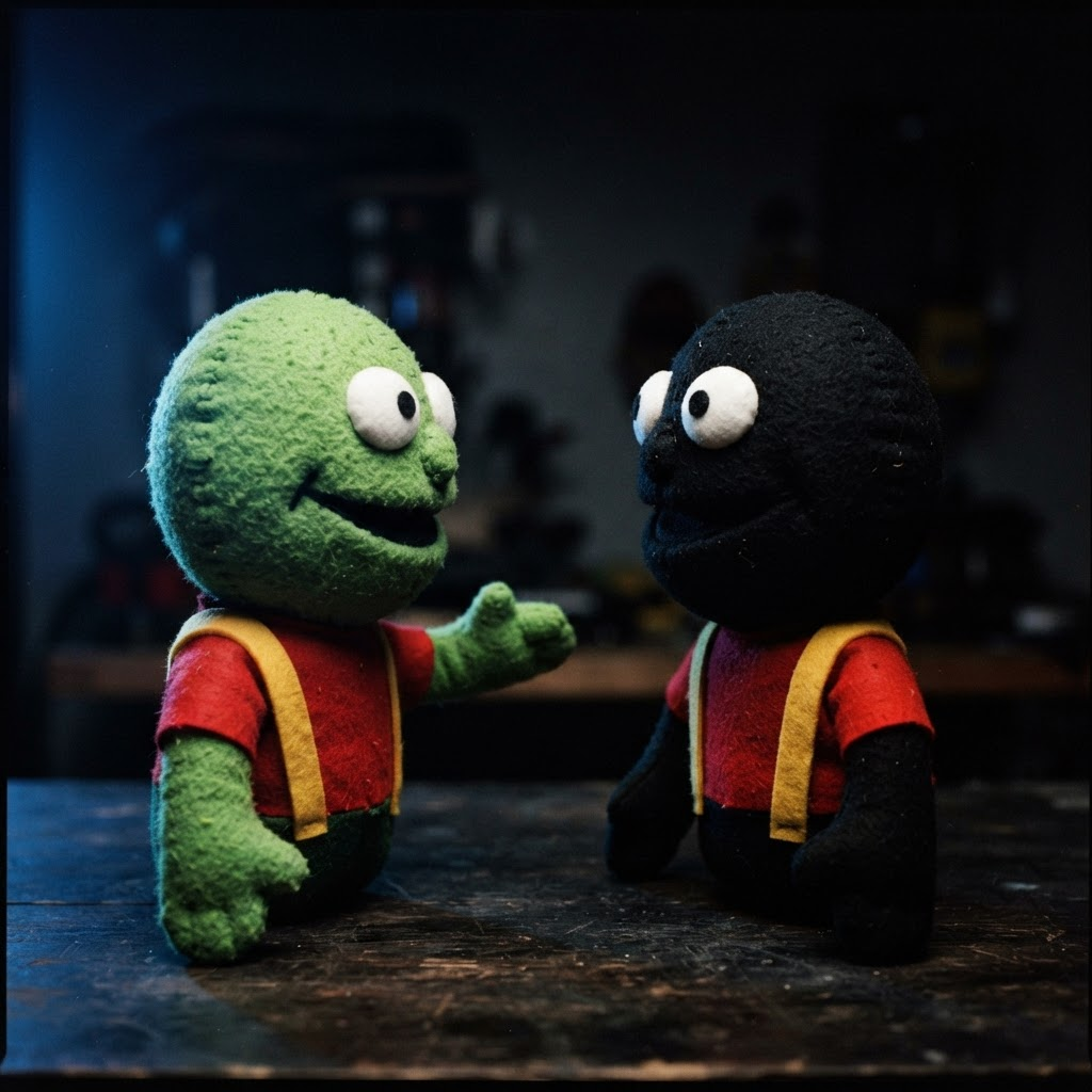 The green toad puppet and the black toad puppet standing face to face in a dark room