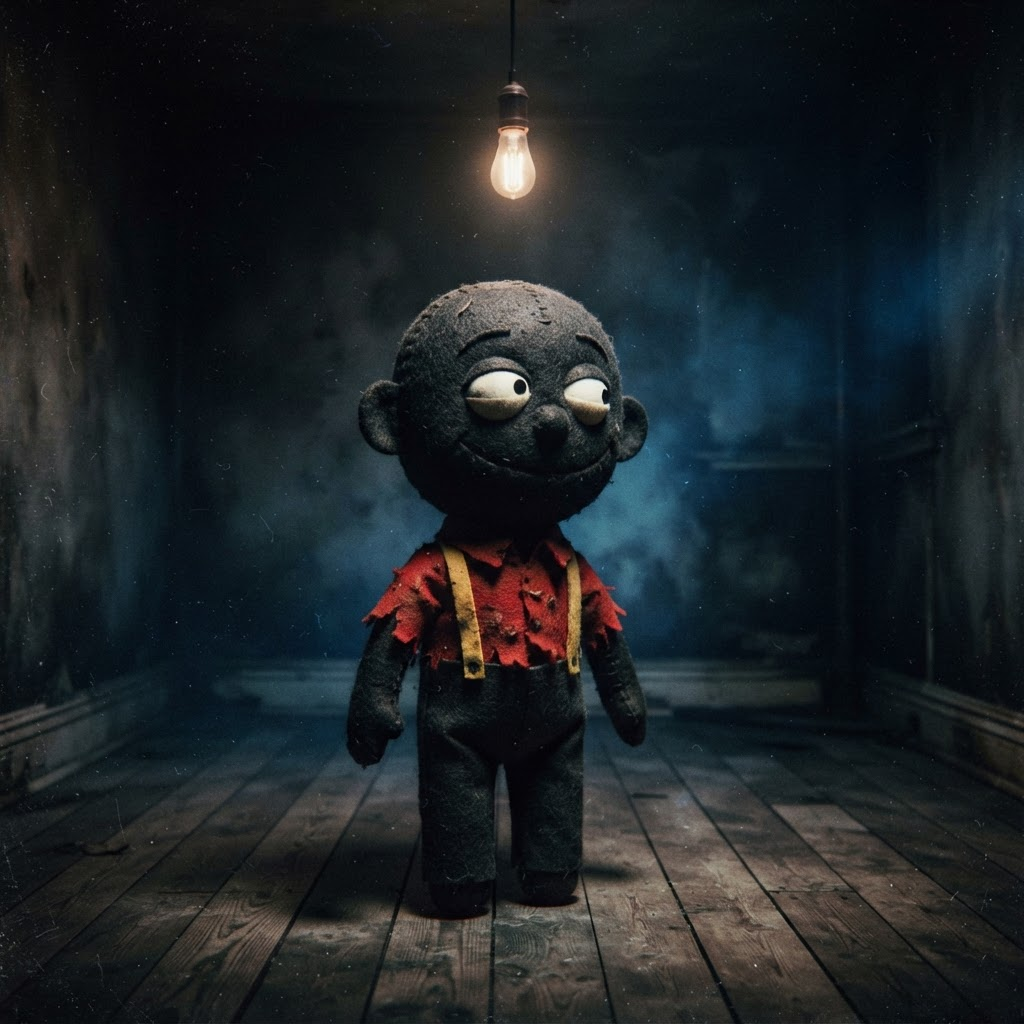 The black toad puppet standing under a single dim hanging bulb in a dark room